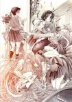  5girls aya_carmine cat_tail cigarette commentary_request doll_joints fangs feathers flower glasses highres hitomi_hirosuke_(sayonara_wo_oshiete) joints kneeling long_hair meguro_miyuki monochrome multiple_girls pen_(medium) portrait_(object) sayonara_wo_oshiete school_uniform sepia short_hair skirt smile sugamo_mutsuki sweatdrop tail takada_nozomi tamachi_mahiru traditional_media ueno_koyori underbust 
