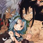  1girl 5boys acnologia black_hair blue_hair blush commentary dark-skinned_male dark_skin droy_(fairy_tail) facial_mark fairy_tail fingerless_gloves gajeel_redfox gloves grey_hair hair_between_eyes jet_(fairy_tail) levy_mcgarden multiple_boys rusky smile sweatdrop topless_male v 