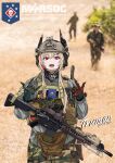  1girl absurdres ammunition_pouch assault_rifle body_armor bulletproof_vest camouflage combat_helmet commentary ear_protection elcan_scope fake_horns foregrip girls'_frontline grenade_launcher gun headgear helmet highres horned_headwear horns laser_sight load-bearing_vest long_hair m203 m4_carbine m4_sopmod_ii_(girls'_frontline) military_combat_uniform military_operator military_uniform multicolored_hair open_mouth optical_sight pouch red_eyes rifle smile streaked_hair tactical_clothes underbarrel_grenade_launcher walkie-talkie weapon woodland_camouflage yunzhao22543 