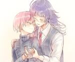  1boy 1girl ^_^ black_jacket black_vest blush closed_eyes closed_mouth collared_shirt commentary_request gakuran glasses hetero holding_hands jack_jeanne jacket long_hair necktie neji_kokuto open_mouth pink_hair purple_hair red_necktie school_uniform semi-rimless_eyewear shirt short_hair simple_background smile tachibana_kisa tears. under-rim_eyewear upper_body vest white_background white_shirt 