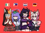  4girls ahoge animal_ears aqua_eyes arms_behind_back artist_self-insert bandaid bandaid_on_face bandaid_on_nose baseball_bat bell black_choker black_hair black_jacket blunt_bangs blush breasts cakejumper choker closed_mouth collarbone colored_inner_hair cowboy_shot double-parted_bangs dress dutch_flag eggplant_emoji fang fur-trimmed_jacket fur_trim german_flag halo hand_on_own_hip highres holding holding_baseball_bat horns indie_virtual_youtuber irish_flag jacket jacket_partially_removed leaf leaf_on_head leaning_forward long_hair long_sleeves looking_at_viewer midriff miniskirt multicolored_hair multicolored_jacket multiple_girls navel neck_bell open_mouth orange_eyes orange_hair philippine_flag print_shirt puffy_sleeves purple_hair purple_halo purple_shirt purple_streaks rainhoe red_background red_dress sachiihappy shirahiko_(vtuber) shirt simple_background single_bare_shoulder skirt streaked_hair swept_bangs teeth two-tone_hair two-tone_jacket upper_teeth_only virtual_youtuber white_jacket yellow_eyes yuusachii 