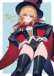  1girl absurdres ass_visible_through_thighs black_boots black_cloak black_hat black_jacket black_leotard black_thighhighs blonde_hair blue_background boots bow bowtie brown_vest cloak commentary commission flower gloves green_eyes groin hands_on_own_hips hat highleg highleg_leotard highres illustuttillust jacket leotard leotard_under_clothes long_hair looking_at_viewer multicolored_cloak original phantom_thief phantom_thief_(kkmomo67) red_bow red_bowtie red_cloak rose shirt simple_background skeb_commission smile solo standing thigh_boots thighhighs thighs top_hat two-sided_cloak two-sided_fabric two-tone_cloak vest white_gloves white_shirt 