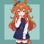  1girl absurdres aged_down animal_ears backpack bag belt belt_buckle blue_belt blue_dress blush border bow bowtie brown_ribbon brown_thighhighs buckle buttons closed_mouth collared_shirt commentary cowboy_shot dress ear_bow ear_ribbon english_commentary flat_chest green_background green_border hair_between_eyes hanakaji_(yuuchanto) hand_to_own_mouth hand_up highres horse_ears horse_girl horse_tail long_hair long_sleeves looking_at_viewer mayano_top_gun_(umamusume) mesugaki naughty_face orange_eyes orange_hair orange_tail outside_border pinafore_dress pleated_dress randoseru red_bag red_bow red_bowtie ribbon school_uniform shirt simple_background sleeveless sleeveless_dress smile solo standing tail thighhighs two_side_up umamusume white_shirt zettai_ryouiki 