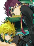  2girls aqua_eyes baton_(weapon) belt black_gloves black_jacket black_shirt black_suit blonde_hair brown_belt closed_mouth cloud_strife commentary_request earrings facial_mark final_fantasy final_fantasy_vii fingerless_gloves gloves goggles goggles_on_head grey_eyes hair_between_eyes hair_tie holding holding_baton_(weapon) holding_weapon hoop_earrings jacket jewelry long_hair low_ponytail male_focus multiple_girls open_fly over_shoulder parted_lips ponytail red_hair reno_(ff7) shirt short_hair sleeveless sleeveless_turtleneck spiked_hair suit suit_jacket turtleneck weapon weapon_over_shoulder white_shirt yaoi yuzuo_(ponkal) 