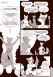 2018 2019 amputee anthro bandage bench big_breasts bottomwear breasts campfire casual_nudity clothed clothing comic dialogue digital_media_(artwork) disability elderly_anthro elderly_male english_text featureless_breasts featureless_crotch female forest frown fur gate group hi_res ikoti_(itna) in_the_new_age jewelry laire_(itna) loincloth male mammal markings melee_weapon missing_leg monochrome necklace necklace_only night nude outside overweight overweight_anthro overweight_female plant polearm procyonid raccoon rick_griffin ring_(marking) ringed_tail sitting smoke spear standing striped_markings striped_tail stripes tail tail_markings text topless tree urai weapon