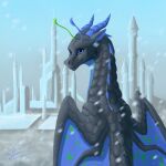 1:1 2024 absurd_res ambiguous_gender castle dragon european_mythology fan_character feral hi_res horn looking_at_viewer looking_back looking_back_at_viewer mythological_creature mythological_scalie mythology okavis open_wings scales scalie silkwing_(wof) sky snow solo spikes spikes_(anatomy) western_dragon wings_of_fire
