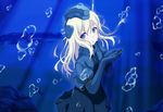  black_dress blonde_hair blue_eyes bubble dress garrison_cap gloves hat headgear kantai_collection kuroma_(no_plan) long_hair looking_at_viewer military military_hat military_uniform puffy_sleeves solo u-511_(kantai_collection) underwater uniform 