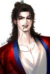  1boy all_wishes_come_true! black_hair blue_trim brown_eyes brown_hair chinese_clothes coat collarbone commentary_request facial_hair fang flame_print grin hair_bun hair_ornament half_updo hanfu highres jewelry large_pectorals leaf_hair_ornament long_hair looking_at_viewer male_focus mouth_hold muscular muscular_male mustache_stubble necklace necklace_in_mouth open_clothes open_coat pectoral_cleavage pectorals print_robe red_coat robe sandy_oran simple_background single_hair_bun smile solo stubble teeth teeth_hold thick_eyebrows twitter_username upper_body white_background white_hanfu zhongli_quan_(all_wishes_come_true!) 