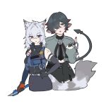  1boy 1girl animal_ears black_gloves black_hair cat_ears cat_girl cat_tail commentary_request genderswap genderswap_(ftm) genderswap_(mtf) gloves green_eyes hair_between_eyes highres jacket john_doe_(zenless_zone_zero)_(scopeophilia) long_hair mk73729481586 mouse_boy mouse_ears mouse_tail multicolored_hair open_mouth seth_lowell short_hair simple_background smile tail white_hair zenless_zone_zero 