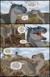 blue_eyes blue_markings cloud cloudy_sky comic dialogue digital_media_(artwork) dinosaur duo english_text fangs female feral frown gorgosaurus green_eyes grey_body hi_res iguanodontian looking_at_viewer male markings narrowed_eyes open_mouth ornithischian ornithopod outside prehistoric_species reptile saurischian scalie sesha_(therbis) sky smile speech_bubble spikes squint tail tan_body teeth tenontosaurus text therbis theropod typhon_(therbis) tyrannosaurid tyrannosauroid url