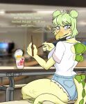 anthro back_spikes beak blue_eyes blush bottomwear butt cafeteria cavemanon_studios chopsticks clothing cup_noodles dinosaur eating eating_food female food goodbye_volcano_high green_body green_hair green_scales green_spikes hair hi_res instant_noodles ko_op_(game_developer) looking_at_viewer looking_back looking_back_at_viewer lunch noodles ornithischian prehistoric_species reptile roofieredd scales scalie school shirt shorts snoot_game solo spiked_tail spikes spikes_(anatomy) stegosaurian stegosaurus stella_(gvh_beta) t-shirt tail talking_to_viewer thyreophoran tight_bottomwear tight_clothing tight_shorts topwear white_clothing white_shirt white_t-shirt white_topwear