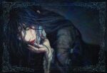  1girl black_dress black_hair border commentary dark dress earrings facial_mark hand_up highres jelena_(path_to_nowhere) jewelry lips long_hair long_sleeves looking_at_viewer messy_hair nail_polish open_mouth path_to_nowhere solo teardrop_facial_mark upper_body upupaqwq 