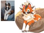 2026 ambiguous_gender bean_bag canid canine canis claws domestic_dog dusk_lycanroc eyewear feral fur generation_7_pokemon green_eyes hi_res looking_at_viewer lycanroc lying mammal multicolored_body nintendo on_front orange_body orange_fur paws photography_(artwork) pokemon pokemon_(species) reference_image seta629211 simple_background solo spikes spikes_(anatomy) sunglasses two_tone_body white_body white_fur
