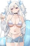  1girl ball bare_shoulders beachball belt bikini bikini_bottom_under_shorts bikini_under_clothes black_choker blue_nails blue_ribbon blue_shorts blush breasts bubble_tea choker cleavage collarbone commentary cup cutoffs denim denim_shorts disposable_cup drink drinking_straw earrings fingernails hair_ribbon highleg highleg_bikini highres holding holding_cup holding_drink hoop_earrings jacket jacket_partially_removed jewelry large_breasts long_hair looking_at_viewer meg_(wakamepiza) midriff nail_polish navel open_belt open_clothes open_fly open_jacket open_shorts original purple_eyes ribbon short_shorts shorts simple_background solo stomach swimsuit thick_eyebrows twintails unzipped wakamepiza white_background white_belt white_bikini white_hair white_jacket 