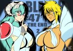  2girls bleach bleach:_sennen_kessen-hen blonde_hair breasts center_opening closed_mouth commentary_request copyright_name facial_mark green_hair hair_between_eyes highres large_breasts long_hair looking_at_viewer multiple_girls nelliel_tu_odelschwanck revealing_clothes scar scar_on_face shaolong short_hair signature skull_on_head tier_harribel 