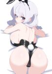  1girl absurdres animal_ears ass bed_sheet blue_eyes blush breasts cameltoe closed_mouth commentary_request commission fake_animal_ears fake_tail highres korean_commentary large_breasts long_hair looking_at_viewer looking_back oldsickkim original rabbit_ears rabbit_tail second-party_source solo tail twintails white_hair white_wrist_cuffs wrist_cuffs 