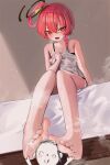  1boy 1girl :q absurdres ahoge bare_legs barefoot blue_archive blush bra_strap braid commentary_request doodle_sensei_(blue_archive) embarrassed feet foot_focus foot_on_another's_head foreshortening halo heavy_breathing highres huge_ahoge kraken_mikan looking_at_viewer neru_(blue_archive) open_mouth orange_hair presenting_foot red_eyes sensei_(blue_archive) short_hair simulated_footjob single_braid sitting smile soles solo_focus toenails toes tongue tongue_out towel 