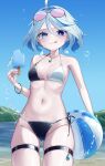  1girl :q alternate_costume ass_visible_through_thighs ball beachball bikini black_bikini blue_eyes blue_gem blue_hair blue_nails blue_pupils breasts breasts_apart closed_mouth collarbone commentary_request cowboy_shot dated day drop-shaped_pupils eyewear_on_head fingernails food furina_(genshin_impact) gem genshin_impact groin hair_between_eyes hand_up heterochromia highres holding holding_ball holding_beachball holding_food holding_popsicle jewelry looking_at_viewer medium_breasts medium_hair nail_polish navel necklace o-ring o-ring_bikini outdoors pink-tinted_eyewear popsicle round_eyewear side-tie_bikini_bottom skindentation solo stomach swimsuit symbol-shaped_pupils thigh_strap tinted_eyewear tongue tongue_out two-tone_swimsuit utsuro_(lyons) white_bikini white_hair 