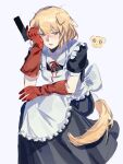  1girl absurdres alternate_costume animal_ears apron bang_dream! bang_dream!_it's_mygo!!!!! black_dress blonde_hair blush collared_dress commentary contrast_collar dog dog_ears dog_girl dog_tail dress feet_out_of_frame gloves gun hand_on_own_cheek hand_on_own_face highres holding holding_gun holding_weapon kemonomimi_mode laopo_haizi_zai_dazhuan long_dress looking_down maid maid_apron medium_hair misumi_uika neck_ribbon open_mouth puffy_short_sleeves puffy_sleeves purple_eyes red_gloves red_ribbon ribbon short_sleeves simple_background sitting solo tail untranslatable_commentary weapon white_apron white_background 