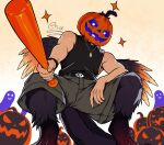 animal_humanoid animal_legs arm_feathers baseball_bat bat_(object) belt belt_buckle bottomwear buckle cargo_shorts chirxpteras clothing costume dinosaur dinosaur_humanoid dromaeosaurid feathers food for_a_head fruit gradient_feathers halloween halloween_costume halloween_themed holidays humanoid male object_head plant prehistoric_species pumpkin pumpkin_head reptile reptile_humanoid saurischian scalie scalie_humanoid shirt shorts silver_(chirxpteras) tank_top theropod topwear