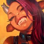 acrylic_painting_(artwork) anthro antlers bleats clothing collar deer femboy fur grin hair half-closed_eyes hi_res horn male mammal narrowed_eyes painting_(artwork) purple_hair shirt smile smirk smug smug_face smug_grin solo tan_body tan_fur tank_top topwear traditional_media_(artwork) traditional_painting_(artwork) tusk_(bleats) tusks water_deer