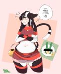 2026 absurd_res after_vore animal_humanoid belly black_hair cat_humanoid cause_for_concern clinkoclinko clothing english_text felid felid_humanoid feline feline_humanoid female hair hi_res humanoid luci_laurent mammal mammal_humanoid overweight shirt solo speech_bubble text topwear vore