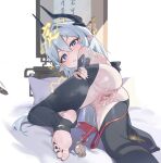  1girl anus ass bare_shoulders black_nails blue_eyes bridal_gauntlets butt_plug clenched_teeth commentary_request cum cum_in_ass cum_in_pussy cum_on_body cum_on_feet cum_string dragon_girl dragon_horns dream_of_pears feet fingernails full_body hair_between_eyes hair_intakes hair_ornament hair_stick highres horns light_blush long_hair looking_at_viewer looking_back niannian_(jikongmingxi_suliuguang) no_shoes on_bed original petite pillow pointy_ears presenting_own_ass presenting_own_body presenting_own_foot ribbon sex_toy shiny_clothes shiny_skin skindentation soles solo spread_pussy spreading_own_pussy stirrup_legwear sweat teeth thighhighs thighs time_stop toeless_legwear toenails toes urethra vaginal white_hair 