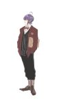  1boy absurdres black_pants black_vest bow bowtie brown_shoes collared_shirt commentary_request envelope full_body hands_in_pockets highres jack_jeanne jacket male_focus neji_kokuto open_clothes open_jacket pace_(kanna) pants profile red_bow red_bowtie red_jacket shirt shoes simple_background solo vest white_background white_shirt 