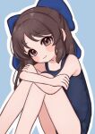  1girl armpits blue_background blue_bow blue_one-piece_swimsuit blush_stickers bow brown_eyes brown_hair chiyuri_(hryx2477) closed_mouth collarbone crossed_arms dot_nose eyelashes flat_chest hair_bow highres hugging_own_legs idolmaster idolmaster_cinderella_girls idolmaster_cinderella_girls_starlight_stage light_smile long_hair looking_at_viewer one-piece_swimsuit outline sitting solo swimsuit tachibana_arisu white_outline 
