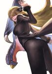  1girl ass black_coat black_pants blonde_hair breasts coat commentary_request cowboy_shot cynthia_(pokemon) daisuke_6897 dutch_angle from_below from_side fur-trimmed_coat fur-trimmed_sleeves fur_trim garchomp grey_eyes hair_ornament hair_over_one_eye hand_up highres large_breasts long_hair long_sleeves looking_at_viewer one_eye_covered open_mouth outstretched_arms pants pokemon pokemon_(creature) pokemon_diamond/pearl/platinum simple_background smile standing turning_head very_long_hair white_background 
