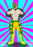 2023 anthro badger beard black_body black_fur black_nipples blue_background blue_eyes bottomwear clothing colored confident dated facial_hair flexing fur green_bottomwear green_clothing green_pants hi_res looking_at_viewer male mammal mask muscular muscular_abs muscular_male mustelid musteline nipples pants pattern_background pink_background shirtless simple_background solo sports_mask sportswear striped_background tan_body tan_fur text url whitecolt_productions wrestler wrestling_boots wrestling_mask yellow_bottomwear yellow_clothing yellow_pants