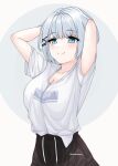  1girl arms_up black_pants blue_eyes blush breasts cleavage collarbone commentary cowboy_shot drawstring hair_ornament hairclip hands_on_own_head highres indonesian_commentary looking_at_viewer medium_breasts pants parallel_hairclips print_shirt shirt shirt_tucked_in short_hair short_sleeves siesta_(tantei_wa_mou_shindeiru) simple_background smile solo ssiapasaya sweatpants t-shirt tantei_wa_mou_shindeiru track_pants twitter_username white_background white_hair white_shirt x_hair_ornament 