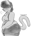 anthro big_butt blush boxers_(clothing) bulge butt character_request clothed clothing embarrassed felid feline hair hair_over_eyes hi_res male mammal monochrome overweight overweight_anthro overweight_male shirt solo tank_top tastycake18 thick_thighs topwear underwear