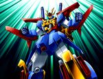  claws fangs glowing glowing_eyes green_eyes gundam gundam_build_fighters gundam_build_fighters_try gundam_tryon_3 ma_tsukasa mecha no_humans pose shield shoulder_cannon solo weapon yellow_eyes 