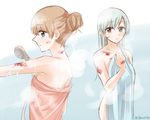  aqua_eyes aqua_hair brown_hair bruise cuts green_eyes injury jikasei kantai_collection kumano_(kantai_collection) long_hair multiple_girls nude showering steam suzuya_(kantai_collection) tied_hair towel twitter_username 