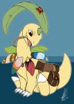 absurd_res bayleef bridle falvev_(pearion) feral gem generation_2_pokemon hi_res male nintendo piercing pokemon pokemon_(species) red_eyes saddle shikaro solo yellow_body