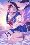  1girl :d absurdres ahoge animal_ears ankle_belt bare_shoulders barefoot belt belt_collar bikini bikini_top_under_shirt bikini_under_clothes black_hair blue_belt blue_collar blue_skirt breasts cat_ears cetacean_tail cleavage collar colored_inner_hair commentary drowsenss facial_mark fingernails fins fish_tail hands_up highres indie_virtual_youtuber light_blush long_hair looking_at_viewer midriff miniskirt multicolored_hair navel neckerchief orca_girl partially_submerged purple_eyes purple_hair red_neckerchief see-through_clothes see-through_shirt shirt shylily shylily_(1st_costume) sitting skirt smile solo stomach swimsuit tail teeth thigh_strap untranslatable_commentary upper_teeth_only very_long_hair virtual_youtuber wariza 