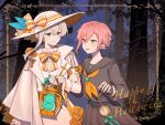  1boy 1girl black_sailor_collar black_serafuku black_shirt black_skirt border bow bowtie commentary_request cowboy_shot double-parted_bangs eye_contact forest grey_eyes hair_between_eyes halloween happy_halloween hat highres holding holding_another's_arm holding_pocket_watch jack_jeanne kerosene_lamp looking_at_another nagatsuki_303 nature night open_mouth orange_bow orange_bowtie ornate_border outdoors outside_border pink_hair pleated_skirt pocket_watch sailor_collar school_uniform serafuku shirota_mitsuki shirt short_hair short_hair_with_long_locks sidelocks skirt smile tachibana_kisa watch white_hair white_hat yellow_eyes 