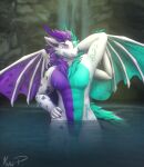 blender_(artwork) cave digital_media_(artwork) dragon green_body green_eyes green_hair green_horn green_scales green_tail green_wings hair hi_res horn julien_(julienchris) krita_(artwork) kvnpoulsen looking_at_viewer multicolored_body mythological_creature mythological_scalie mythology on_water pecs purple_body purple_eyes purple_hair purple_horn purple_scales purple_tail purple_wings scales scalie smile smiling_at_viewer tail water waterfall wet wet_body white_body wings