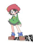  1girl :o absurdres adeleine arms_at_sides beret black_hair black_skirt blue_eyes blue_socks blush bright_pupils brown_shoes collared_shirt commentary english_text flat_chest full_body green_shirt hat highres kan_(kam48360493) kirby_(series) kirby_64 legs long_sleeves looking_to_the_side miniskirt open_mouth red_hat shadow shirt shoes short_hair sidelocks sideways_glance simple_background skirt socks solo standing white_background white_pupils 