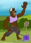 2023 anthro big_hands brown_body brown_eye_patch brown_eyewear brown_fur brown_hair bugbear bulge claws clothed clothed_male clothing collar colored crop_top dated day eye_patch eyewear fur goo_creature grass green_grass hair hi_res leash leashed_collar male open_mouth outside plant purple_clothing purple_crop_top purple_leash purple_shirt purple_topwear sharp_teeth shirt shrub sign smile solo standing teeth text tongue topwear url weaving whitecolt_productions