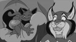 16:9 anthro black_and_white canada_lynx clothing disney domestic_cat duo feedfancier felid feline felis fur hi_res holding_tongue holding_uvula inside_mouth long_tail lynx male mammal monochrome pawbert_lynxley pointy_ears sucking_micro sweater tail topwear widescreen zootopia