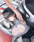  1girl absurdres arms_up black_hair black_halo black_skirt blue_archive breasts commentary goonsso hair_behind_ear hair_ornament hairclip halo highres large_breasts long_hair millennium_science_school_logo multicolored_halo one_eye_closed pleated_skirt red_eyes red_halo ringed_eyes rio_(blue_archive) shirt skirt sleeveless sleeveless_shirt solo stretching two-tone_halo untranslatable_commentary very_long_hair white_shirt 