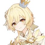  1girl bare_shoulders blonde_hair blush bow braid chiila closed_mouth crown crown_of_insight detached_sleeves dress eyelashes flower genshin_impact gold_trim hair_between_eyes hair_bow hair_flower hair_ornament half_up_braid highres holding holding_crown juliet_sleeves long_sleeves looking_at_viewer lumine_(as_heaven_and_earth_are_made_anew)_(genshin_impact) lumine_(genshin_impact) official_alternate_costume official_alternate_hairstyle orange_eyes puffy_sleeves scarf short_hair sidelocks simple_background sleeveless sleeveless_dress smile solo upper_body white_background white_bow white_dress white_flower white_scarf white_sleeves 