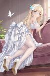  1girl artist_name bare_shoulders blonde_hair bug butterfly chinese_commentary closed_mouth commentary_request couch detached_sleeves dress from_behind full_body green_eyes heart high_heels highres indoors legs lexington_(warship_girls_r) long_hair looking_at_viewer on_couch see-through_clothes see-through_sleeves shoes short_sleeves solo thighhighs warship_girls_r white_butterfly white_dress white_hair white_shoes white_sleeves white_thighhighs xnnagu 