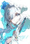  1girl absurdres anastasya_feodorovna_snezhnaya bare_shoulders blue_background blue_eyes blue_gem breasts bridal_veil bright_pupils character_name choker circlet cleavage colored_eyelashes commentary_request diamond-shaped_pupils diamond_(shape) dress earrings english_text eyelashes floating_hair gem genshin_impact grey_hair hair_between_eyes highres jewelry kokoshnik large_breasts looking_at_viewer magnet_8_8 pale_skin pendant pointy_ears short_hair_with_long_locks sidelocks simple_background solo strapless strapless_dress symbol-shaped_pupils teeth upper_body veil wavy_hair white_choker white_dress white_pupils yellow_gem 