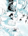  1boy absurdres amayuki318 animal black_hair bush child commentary_request dougi dragon_ball dragon_ball_(classic) fish forest from_above happy highres holding holding_animal holding_saw huge_weapon jungle looking_at_animal looking_up male_focus monkey monkey_tail monochrome nature open_mouth outdoors parent_and_child river rock saw sleeveless smile solo son_goku spiked_hair tail thick_eyebrows tree walking weapon wristband 