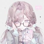  1girl :t absurdres animal_charm black-framed_eyewear blonde_hair blush cellphone_charm charm_(object) dot_nose drill_hair drill_sidelocks fingernails glasses grey_background grey_jacket hair_ornament hand_on_own_face highres holding holding_phone jacket long_fingernails long_hair long_sleeves low_twintails miffy miffy_(character) original phone pink_hair polka_dot polka_dot_background pom_pom_(clothes) pom_pom_hair_ornament portrait rabbit_charm semi-rimless_eyewear shirt side_drill sidelocks simple_background single_hair_intake single_sidelock solo swept_bangs twintails under-rim_eyewear weio_ousia white_shirt 