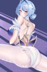  1girl absurdres ass bare_shoulders blue_hair blush braid breasts commentary_request from_behind gem genshin_impact highres kuro_(blackpgmickey) looking_at_viewer looking_back medium_hair odette_(genshin_impact) pink_gem purple_eyes simple_background solo split 