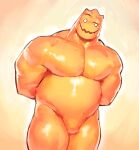 2026 big_muscles big_pecs broad_shoulders digital_drawing_(artwork) digital_media_(artwork) empty_eyes eyebrows front_view hands_behind_back hi_res humanoid kingarthur_i looking_at_viewer male male_humanoid monotone_body muscular nude nude_humanoid nude_male open_mouth open_smile orange_background orange_body pecs portrait raised_eyebrow simple_background smile smiling_at_viewer solo three-quarter_portrait trapezius